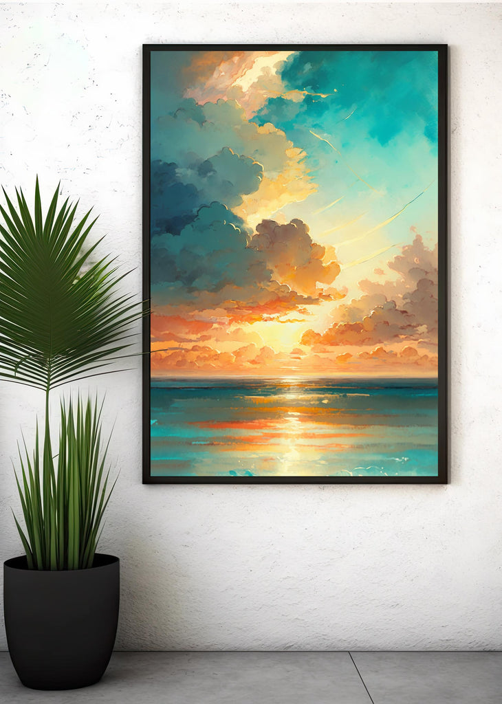 Ocean Sunset Watercolor Print, Beach Wave Landscape Wall Art, Nature Inspired Canvas Poster, Coastal Sunrise Home Decor