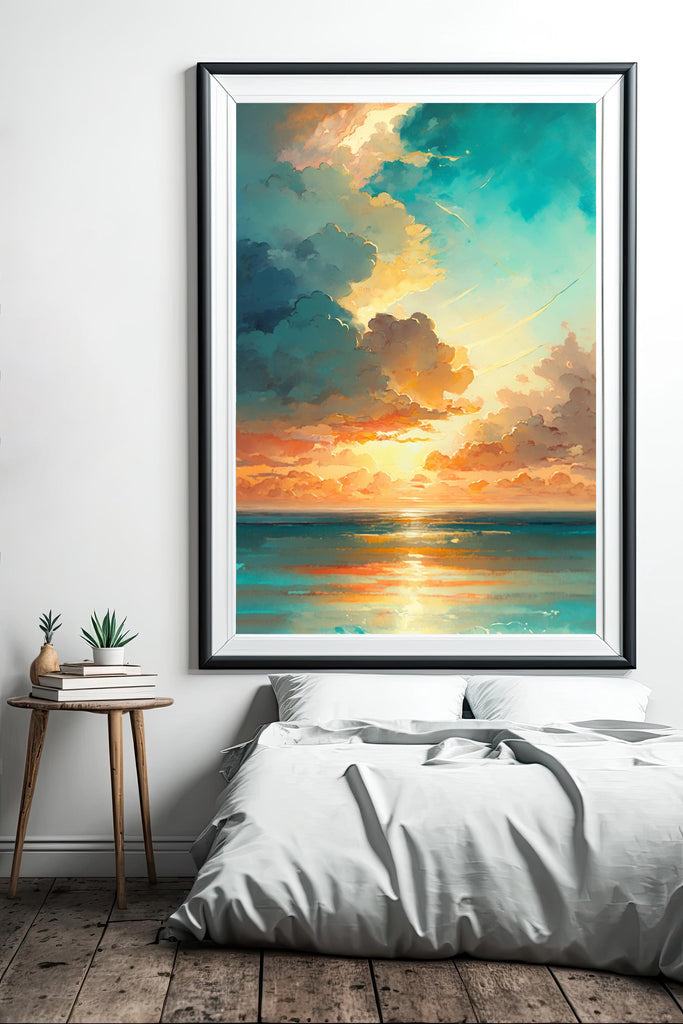 Ocean Sunset Watercolor Print, Beach Wave Landscape Wall Art, Nature Inspired Canvas Poster, Coastal Sunrise Home Decor