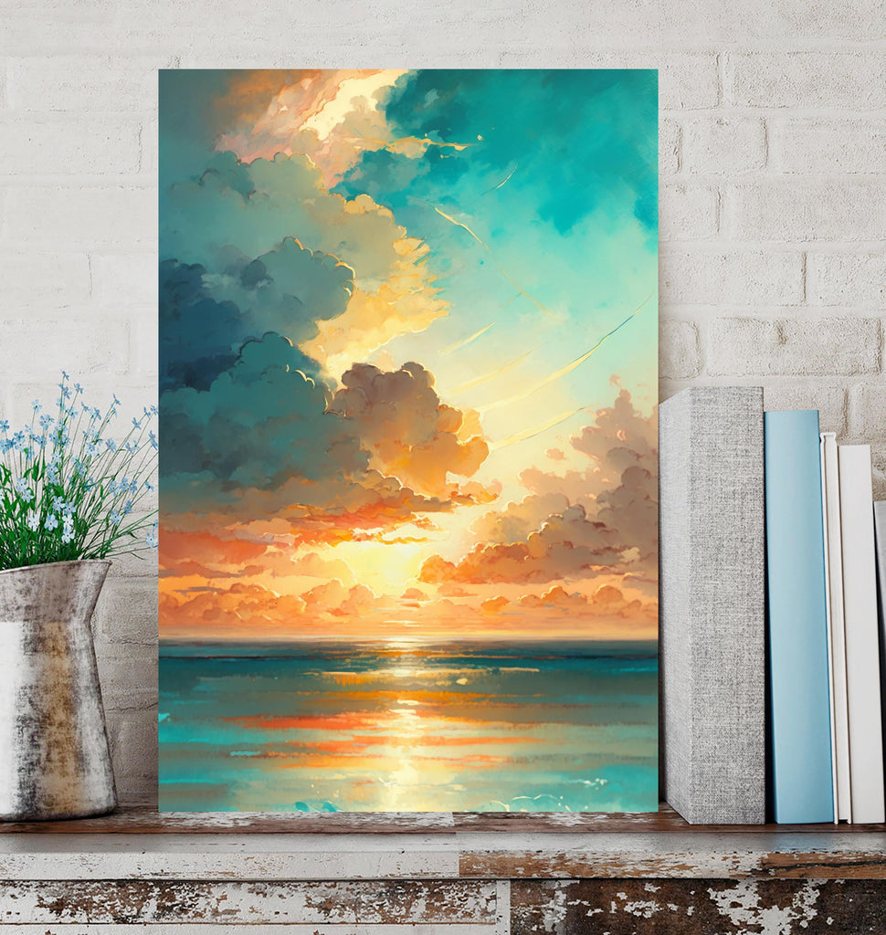 Ocean Sunset Watercolor Print, Beach Wave Landscape Wall Art, Nature Inspired Canvas Poster, Coastal Sunrise Home Decor