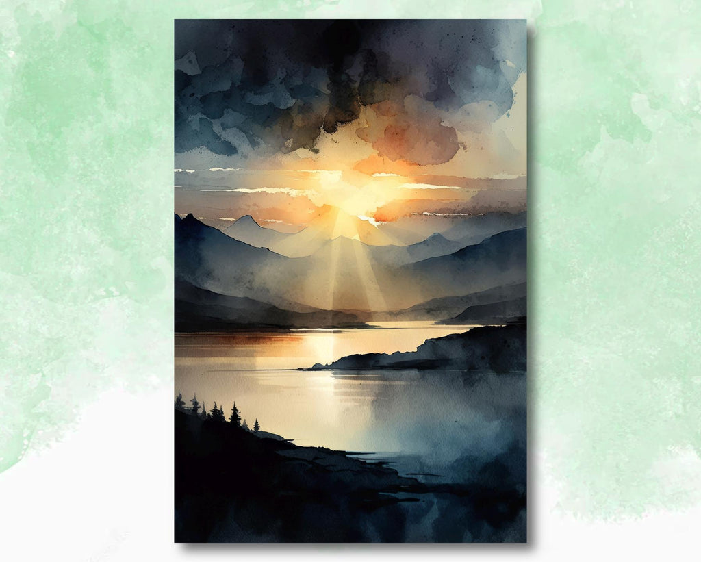 Mountain Sunset Watercolor Print, Lake Landscape Wall Art, Nature Inspired Canvas Art, Dark Moody Poster Home Decor