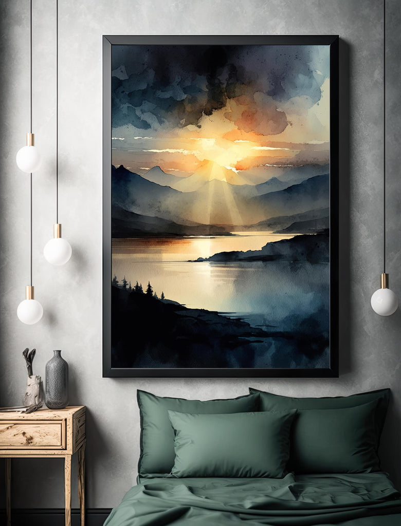 Mountain Sunset Watercolor Print, Lake Landscape Wall Art, Nature Inspired Canvas Art, Dark Moody Poster Home Decor