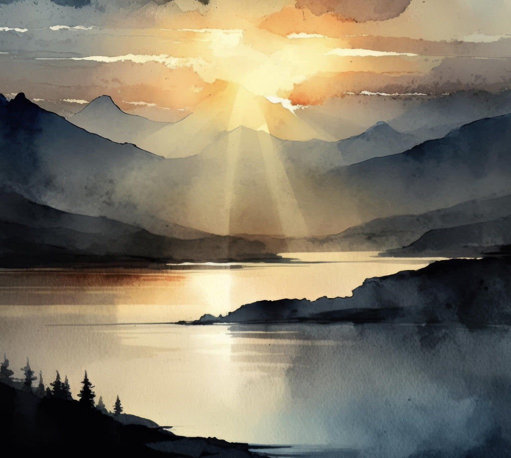 Mountain Sunset Watercolor Print, Lake Landscape Wall Art, Nature Inspired Canvas Art, Dark Moody Poster Home Decor