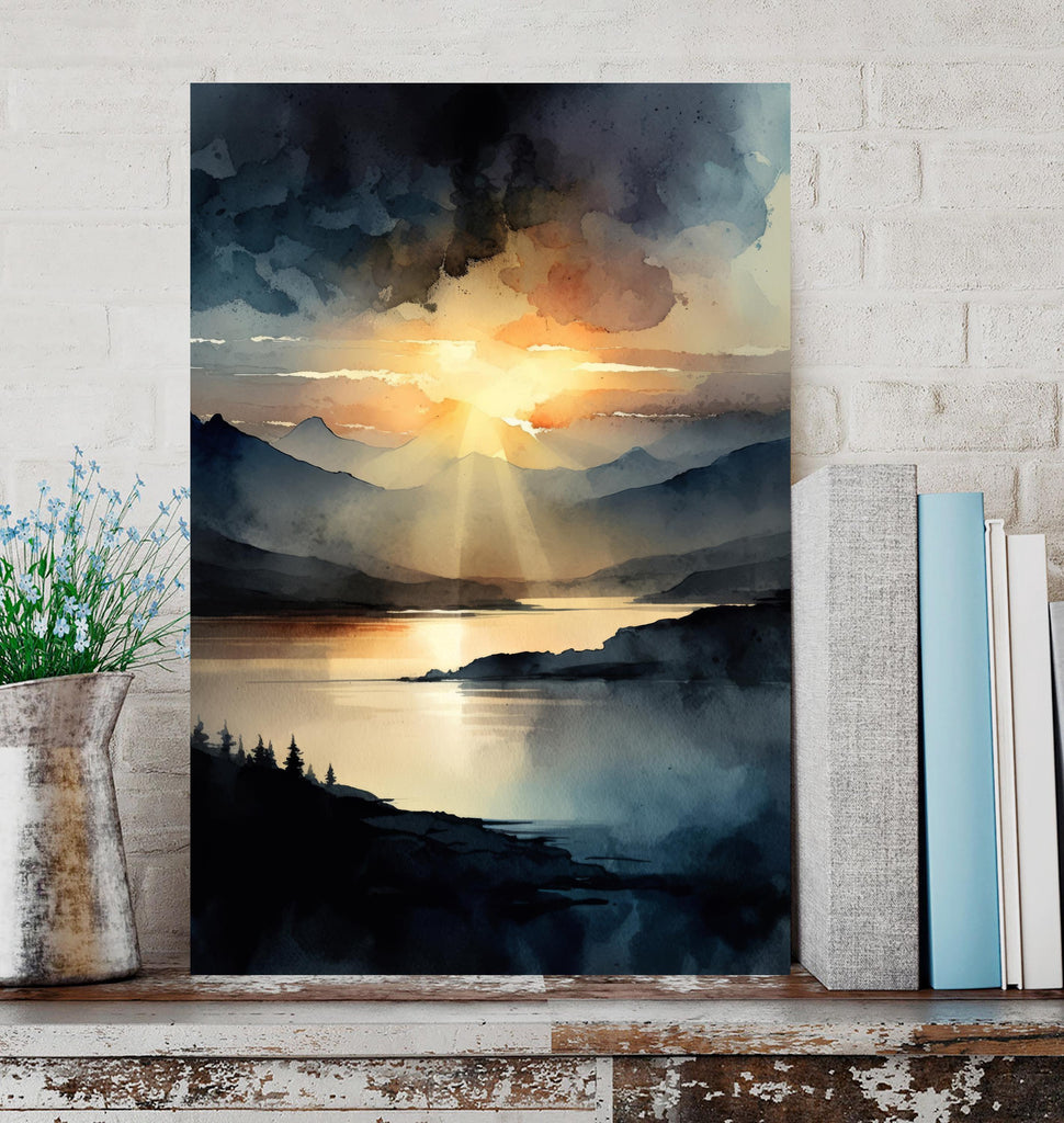 Mountain Sunset Watercolor Print, Lake Landscape Wall Art, Nature Inspired Canvas Art, Dark Moody Poster Home Decor