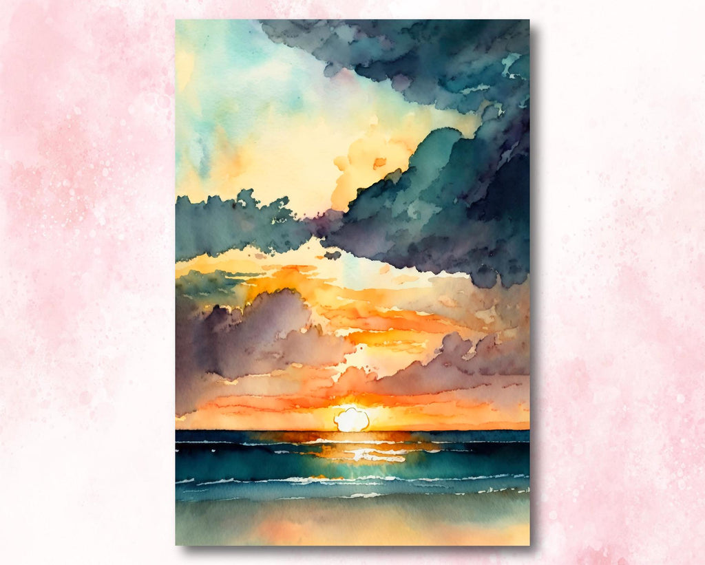 Ocean Sunset Watercolor Print, Beach Wave Landscape Wall Art, Nature Inspired Canvas Poster, Coastal Sunrise Home Decor