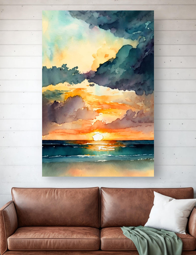 Ocean Sunset Watercolor Print, Beach Wave Landscape Wall Art, Nature Inspired Canvas Poster, Coastal Sunrise Home Decor