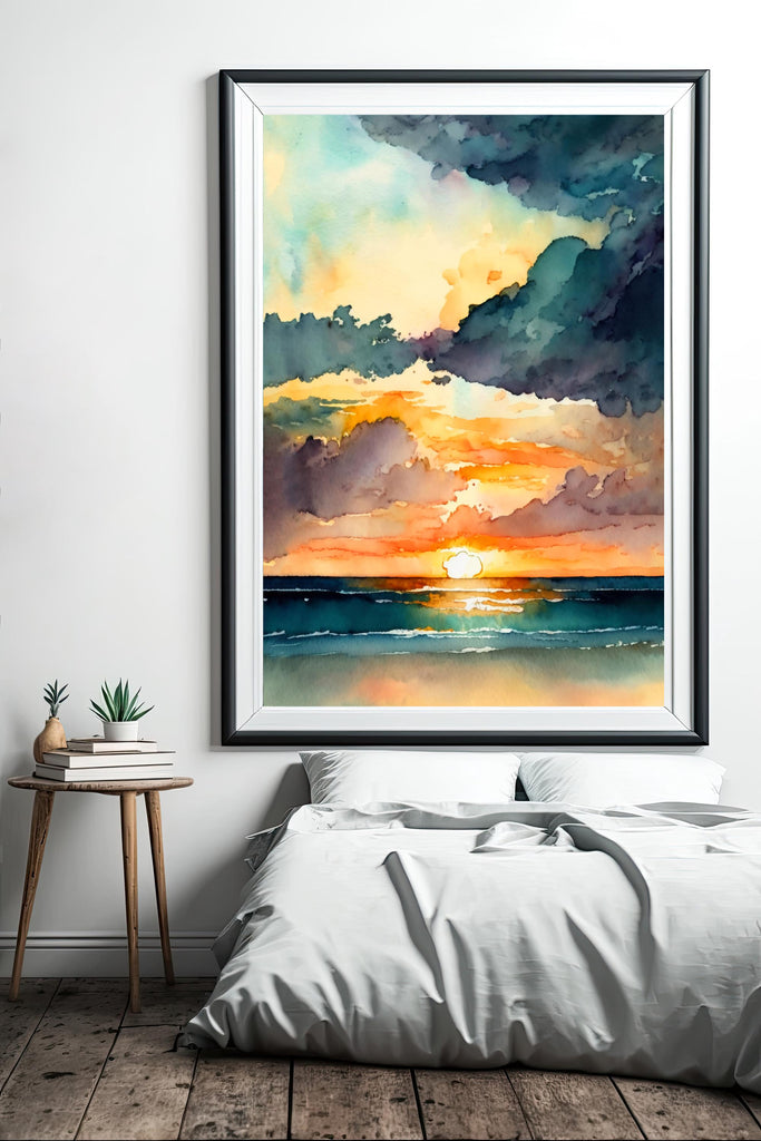 Ocean Sunset Watercolor Print, Beach Wave Landscape Wall Art, Nature Inspired Canvas Poster, Coastal Sunrise Home Decor