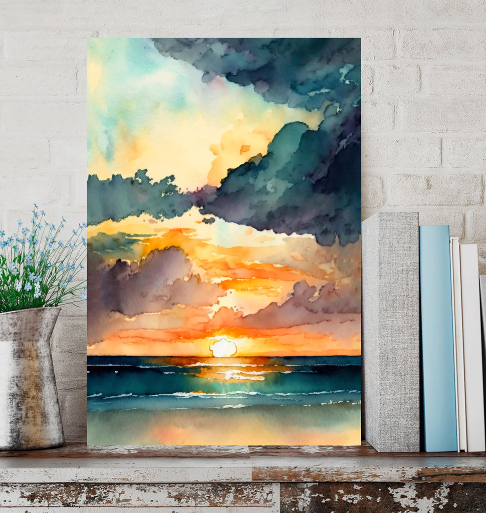 Ocean Sunset Watercolor Print, Beach Wave Landscape Wall Art, Nature Inspired Canvas Poster, Coastal Sunrise Home Decor