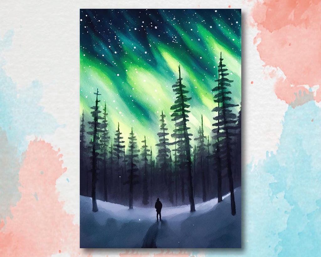 Winter Forest Aurora Borealis Watercolor Print, Northern Lights Landscape Wall Art, Starry Night Canvas Art, Nature-Inspired Home Decor