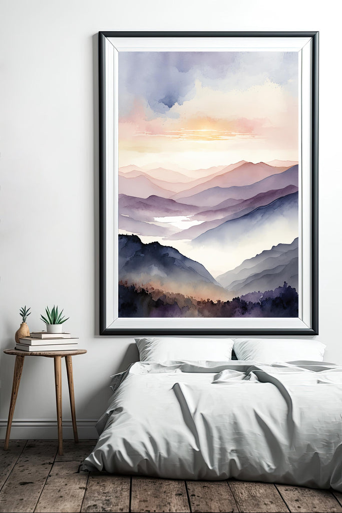 Mountain Sunrise Watercolor Print, Soft Pastel Landscape Wall Art, Nature Inspired Canvas Art, Misty Scenic Poster Home Decor