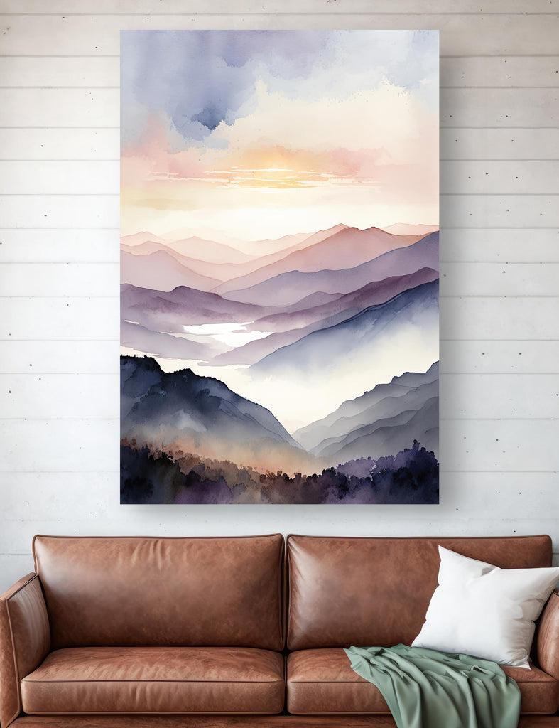 Mountain Sunrise Watercolor Print, Soft Pastel Landscape Wall Art, Nature Inspired Canvas Art, Misty Scenic Poster Home Decor