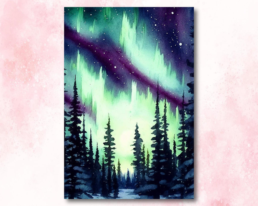 Winter Forest Aurora Borealis Watercolor Print, Northern Lights Landscape Wall Art, Starry Night Canvas Art, Nature-Inspired Home Decor