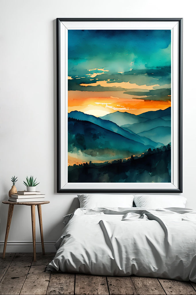 Mountain Sunset Watercolor Print, Teal and Orange Landscape Poster, Nature Inspired Canvas Art, Scenic Wall Art Home Decor