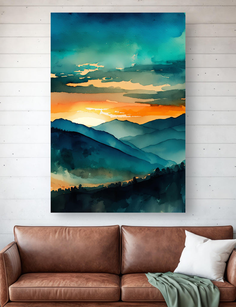 Mountain Sunset Watercolor Print, Teal and Orange Landscape Poster, Nature Inspired Canvas Art, Scenic Wall Art Home Decor