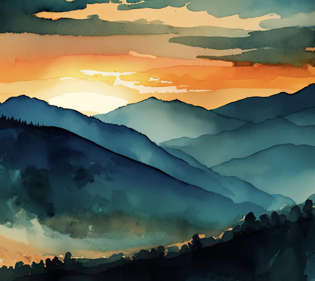 Mountain Sunset Watercolor Print, Teal and Orange Landscape Poster, Nature Inspired Canvas Art, Scenic Wall Art Home Decor