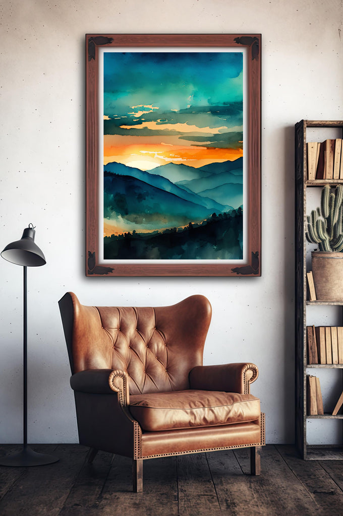 Mountain Sunset Watercolor Print, Teal and Orange Landscape Poster, Nature Inspired Canvas Art, Scenic Wall Art Home Decor