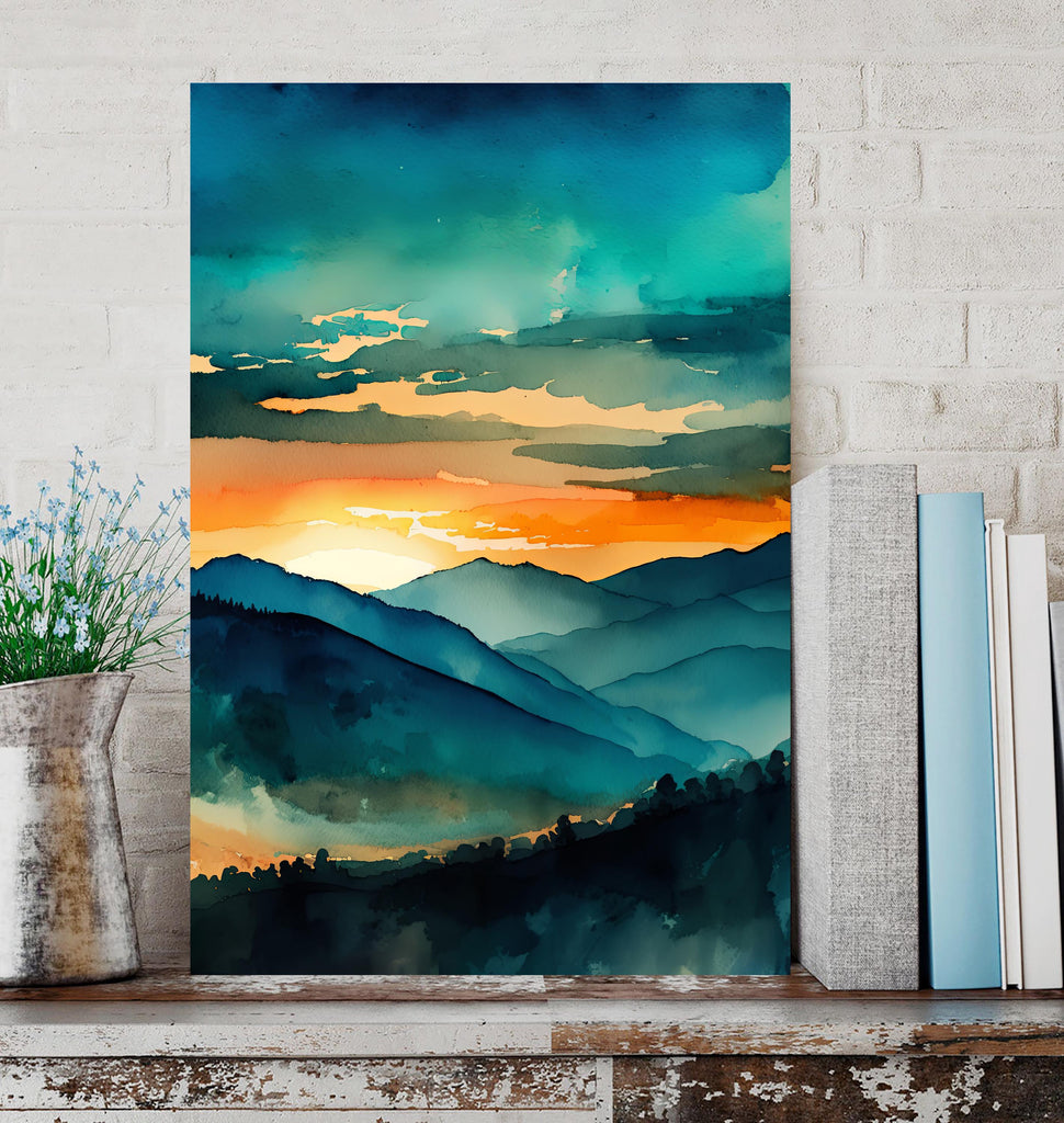 Mountain Sunset Watercolor Print, Teal and Orange Landscape Poster, Nature Inspired Canvas Art, Scenic Wall Art Home Decor