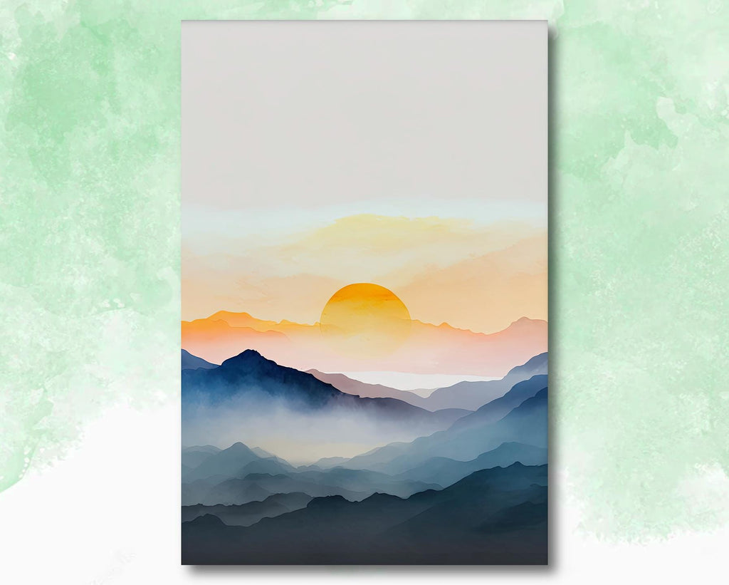 Minimalist Mountain Sunrise Watercolor Print, Soft Pastel Landscape Wall Art, Nature Inspired Canvas Art, Modern Poster Home Decor