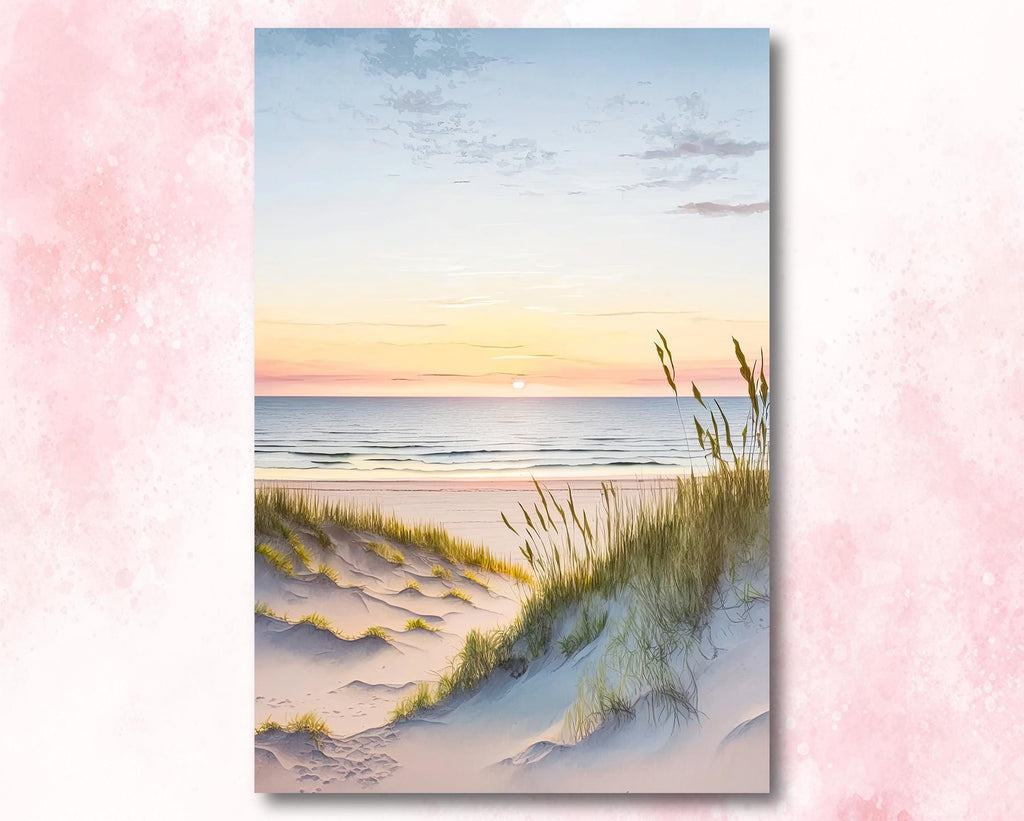 Beach Sunset Watercolor Print, Coastal Landscape Poster, Nature Inspired Canvas Art, Sand Dunes Wall Art Home Decor