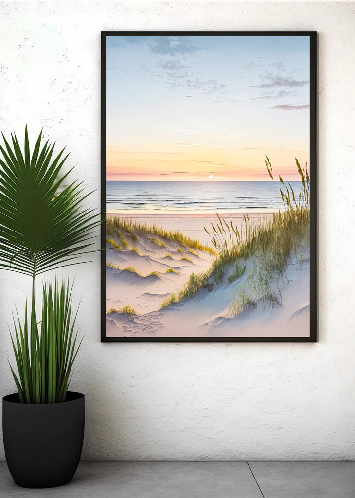 Beach Sunset Watercolor Print, Coastal Landscape Poster, Nature Inspired Canvas Art, Sand Dunes Wall Art Home Decor