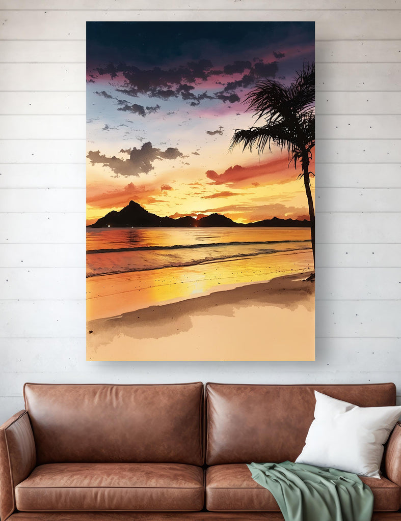 Tropical Beach Sunset Watercolor Print, Island Landscape Wall Art, Nature Inspired Canvas Art, Palm Tree Poster Home Decor