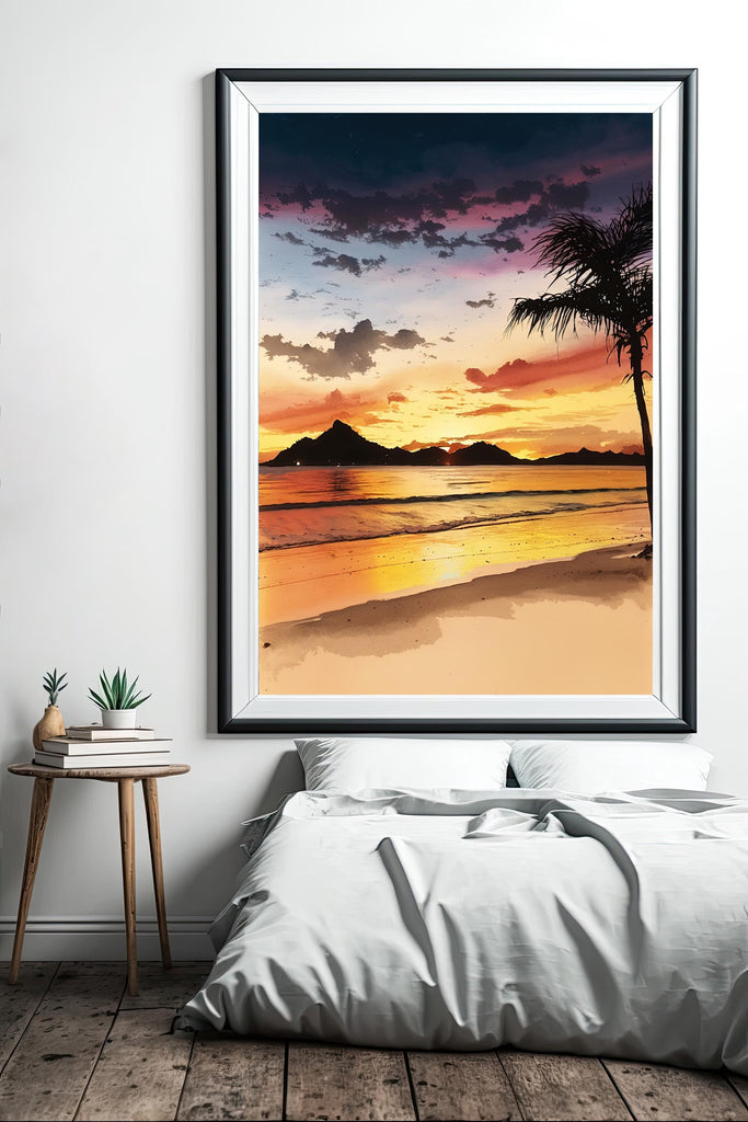 Tropical Beach Sunset Watercolor Print, Island Landscape Wall Art, Nature Inspired Canvas Art, Palm Tree Poster Home Decor