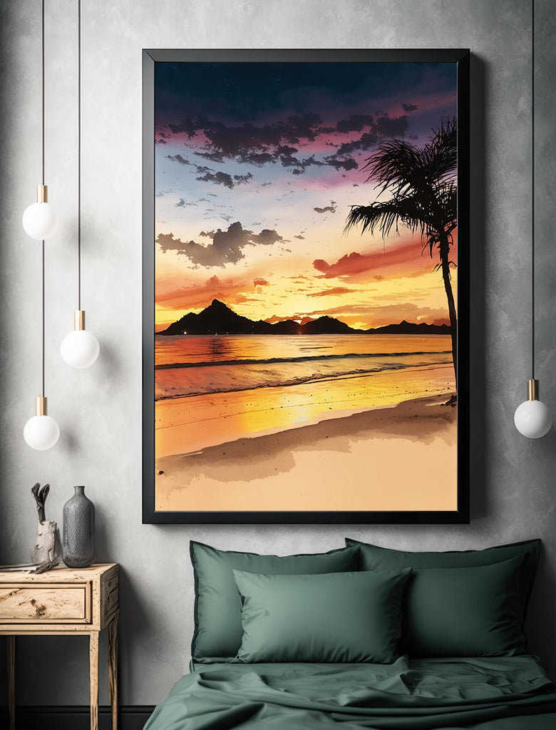 Tropical Beach Sunset Watercolor Print, Island Landscape Wall Art, Nature Inspired Canvas Art, Palm Tree Poster Home Decor