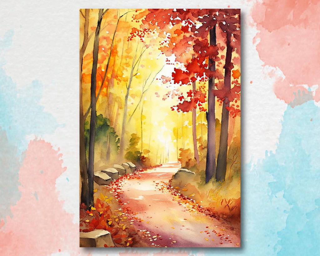 Autumn Forest Path Watercolor Print, Fall Foliage Landscape Poster, Nature Inspired Canvas Art, Woodland Scene Wall Art Home Decor