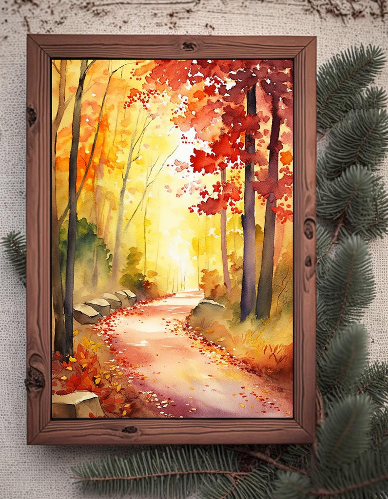 Autumn Forest Path Watercolor Print, Fall Foliage Landscape Poster, Nature Inspired Canvas Art, Woodland Scene Wall Art Home Decor