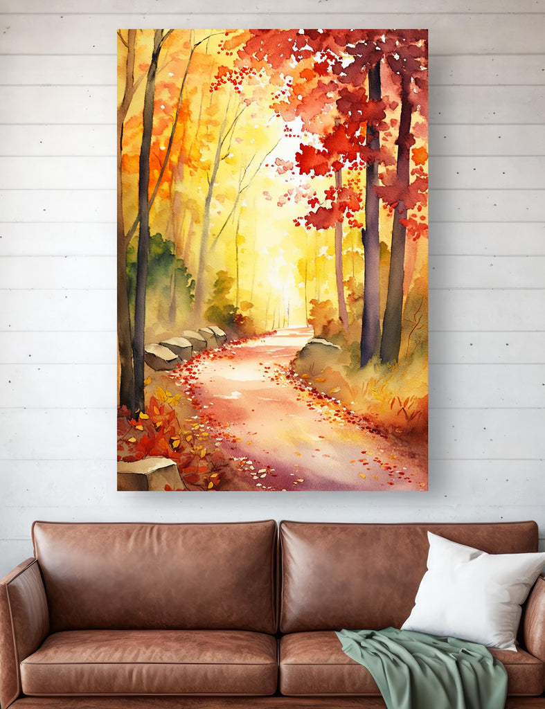 Autumn Forest Path Watercolor Print, Fall Foliage Landscape Poster, Nature Inspired Canvas Art, Woodland Scene Wall Art Home Decor