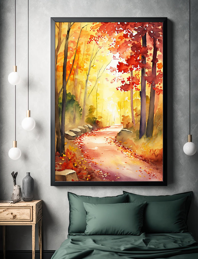 Autumn Forest Path Watercolor Print, Fall Foliage Landscape Poster, Nature Inspired Canvas Art, Woodland Scene Wall Art Home Decor