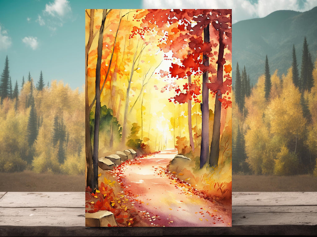 Autumn Forest Path Watercolor Print, Fall Foliage Landscape Poster, Nature Inspired Canvas Art, Woodland Scene Wall Art Home Decor