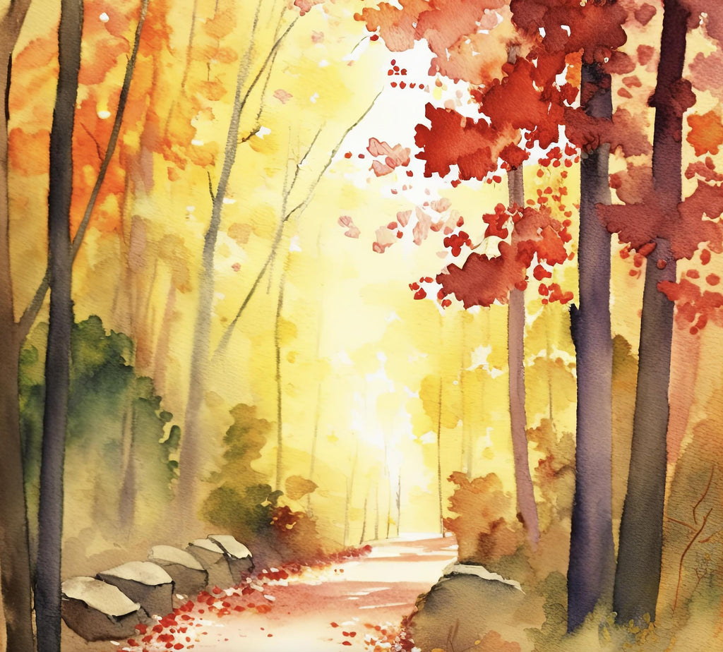 Autumn Forest Path Watercolor Print, Fall Foliage Landscape Poster, Nature Inspired Canvas Art, Woodland Scene Wall Art Home Decor