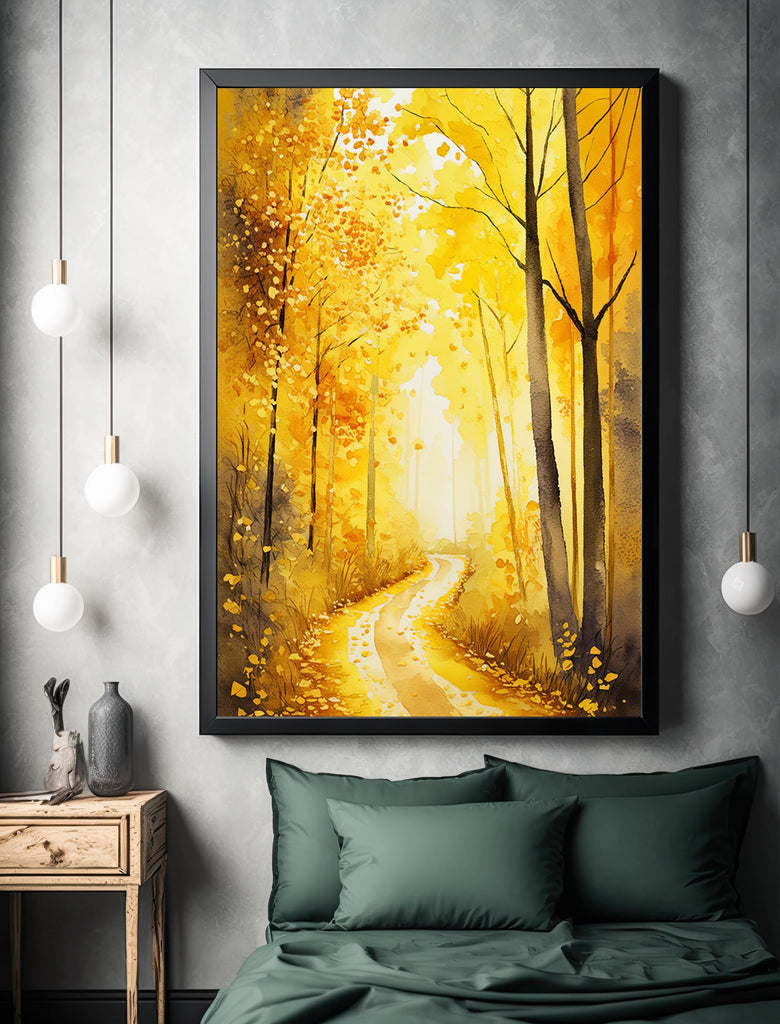 Golden Autumn Forest Path Watercolor Print, Fall Foliage Landscape Poster, Nature Inspired Canvas Art, Woodland Scene Wall Art Home Decor