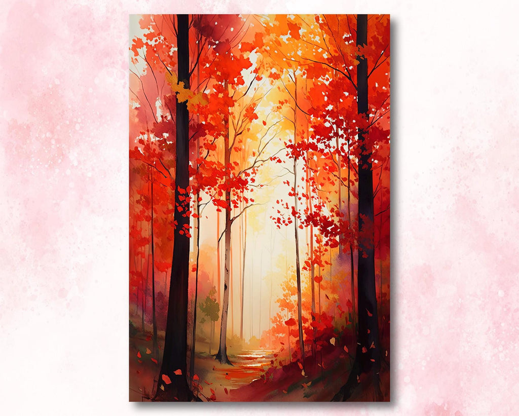 Red Autumn Forest Watercolor Print, Fall Foliage Landscape Poster, Nature Inspired Canvas Art, Woodland Scene Wall Art Home Decor