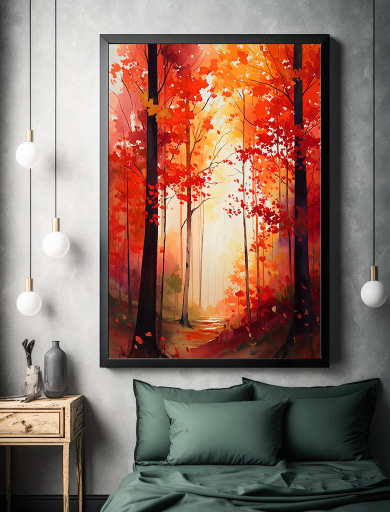 Red Autumn Forest Watercolor Print, Fall Foliage Landscape Poster, Nature Inspired Canvas Art, Woodland Scene Wall Art Home Decor