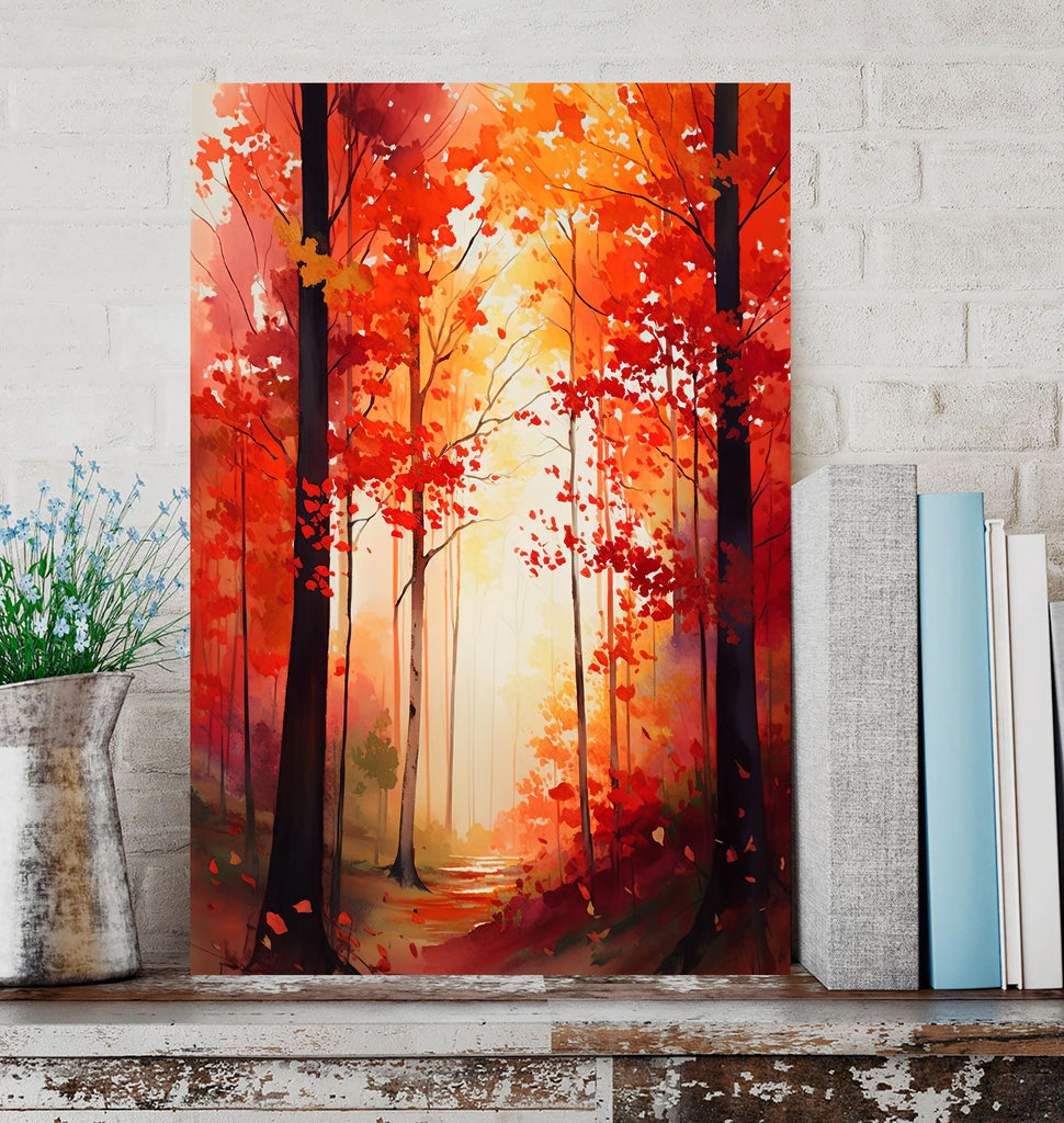 Red Autumn Forest Watercolor Print, Fall Foliage Landscape Poster, Nature Inspired Canvas Art, Woodland Scene Wall Art Home Decor