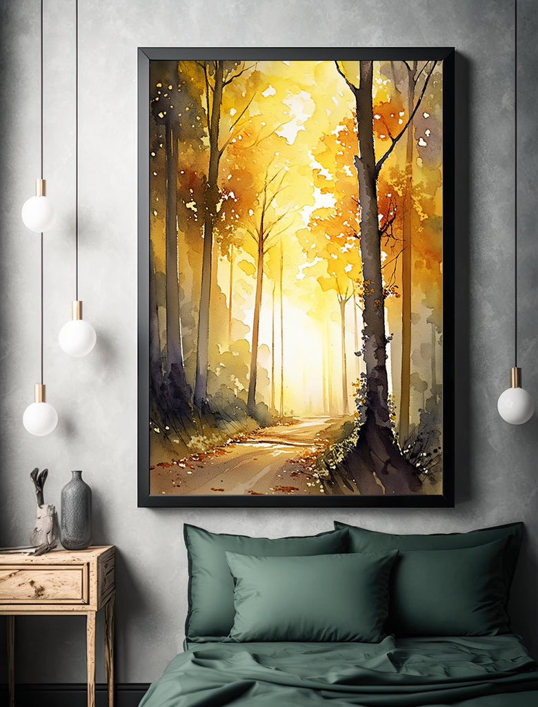 Golden Autumn Forest Path Watercolor Print, Yellow Fall Foliage Landscape Poster, Nature Inspired Canvas Art, Woodland Wall Art Home Decor