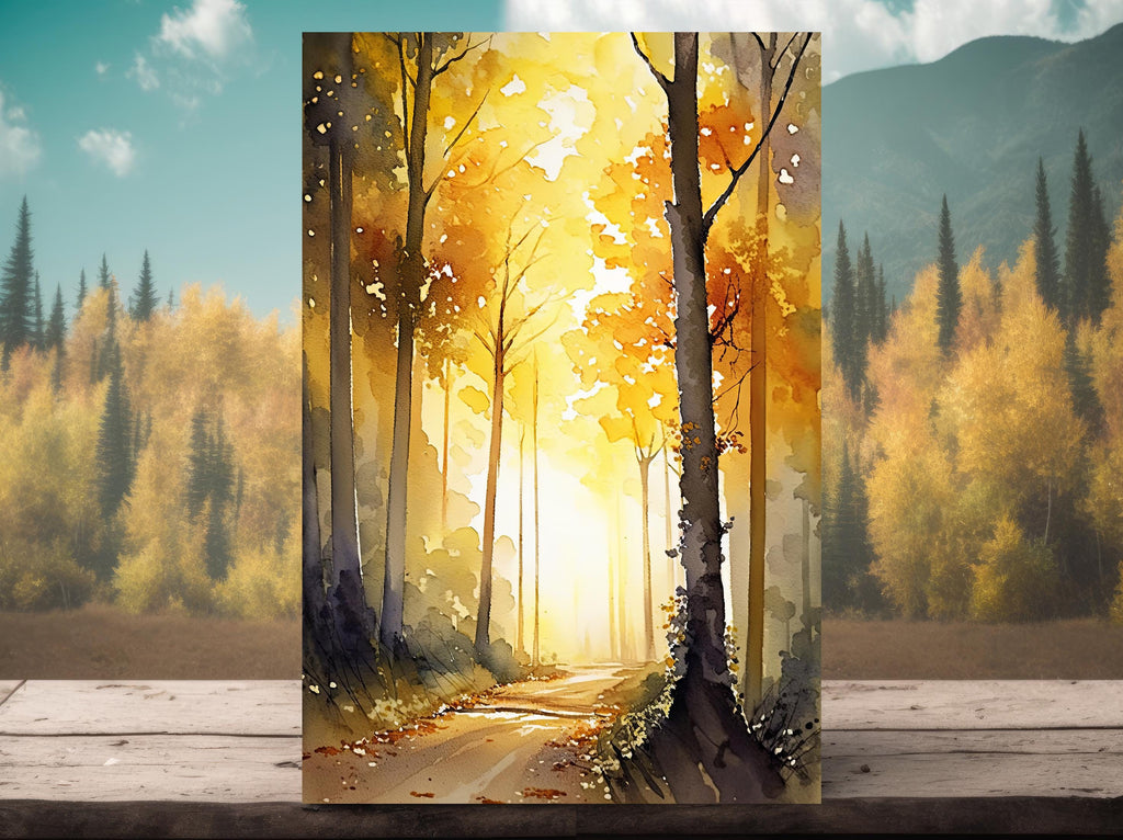 Golden Autumn Forest Path Watercolor Print, Yellow Fall Foliage Landscape Poster, Nature Inspired Canvas Art, Woodland Wall Art Home Decor