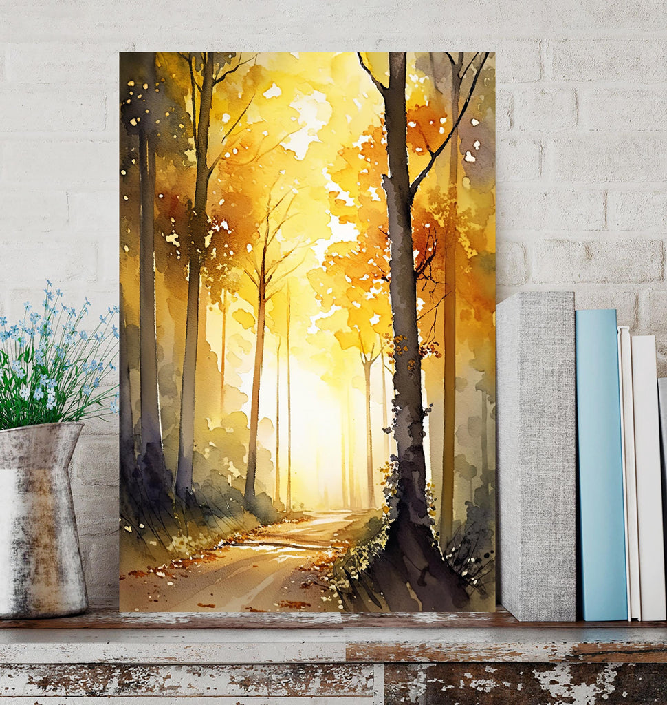 Golden Autumn Forest Path Watercolor Print, Yellow Fall Foliage Landscape Poster, Nature Inspired Canvas Art, Woodland Wall Art Home Decor