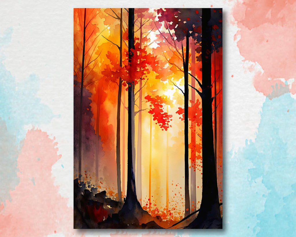 Red Autumn Forest Watercolor Print, Fall Foliage Landscape Poster, Nature Inspired Canvas Art, Woodland Scene Wall Art Home Decor