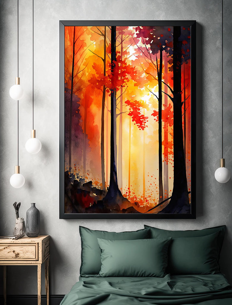 Red Autumn Forest Watercolor Print, Fall Foliage Landscape Poster, Nature Inspired Canvas Art, Woodland Scene Wall Art Home Decor