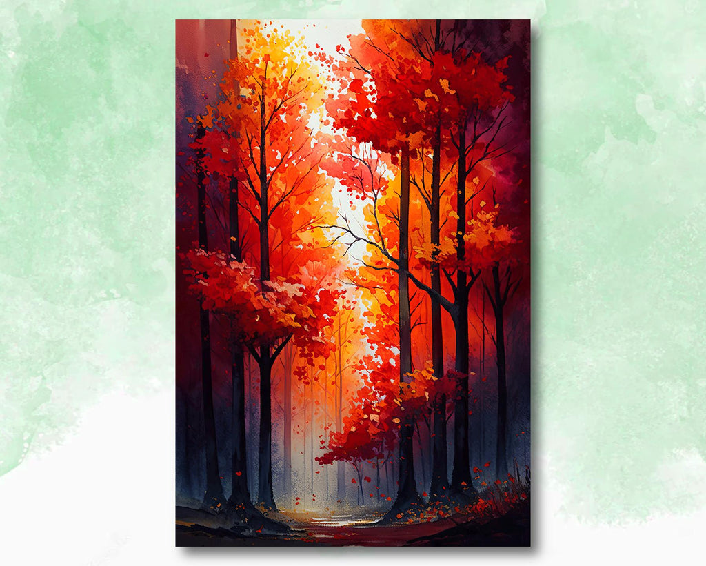 Red Autumn Forest Watercolor Print, Fall Foliage Landscape Poster, Nature Inspired Canvas Art, Woodland Scene Wall Art Home Decor