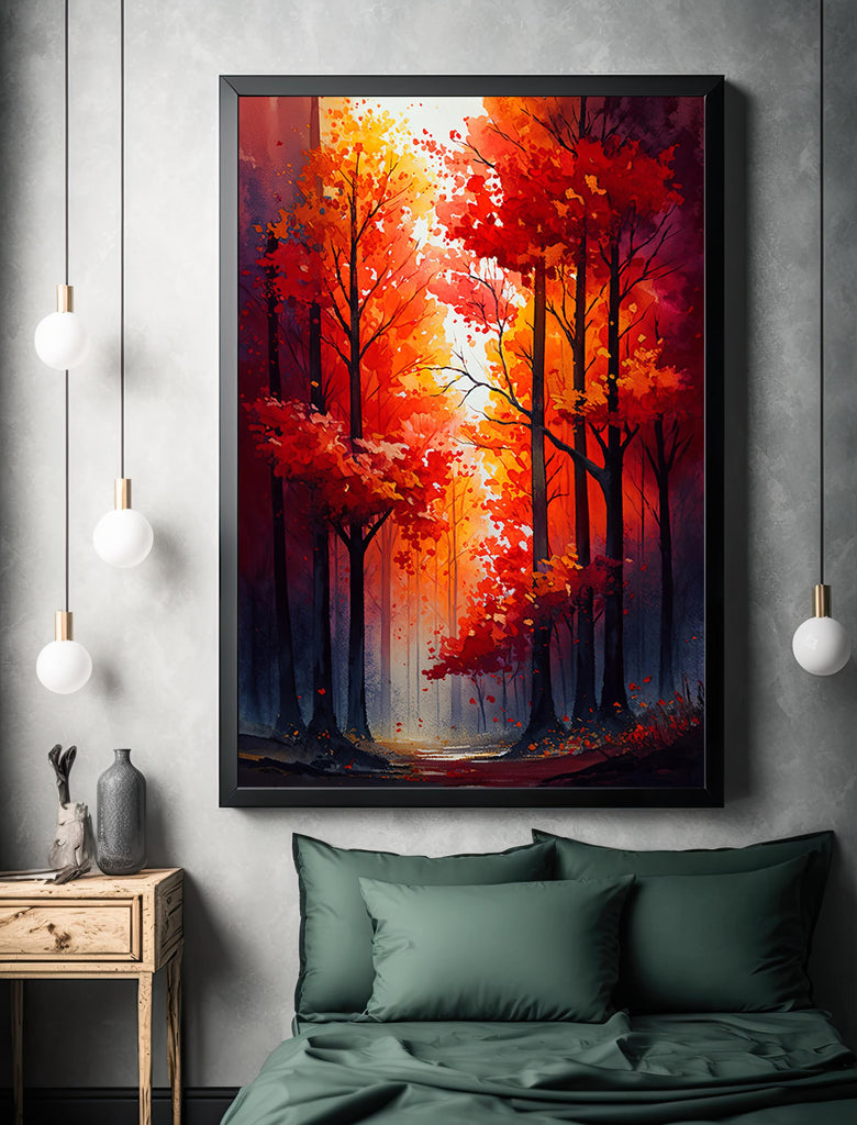 Red Autumn Forest Watercolor Print, Fall Foliage Landscape Poster, Nature Inspired Canvas Art, Woodland Scene Wall Art Home Decor