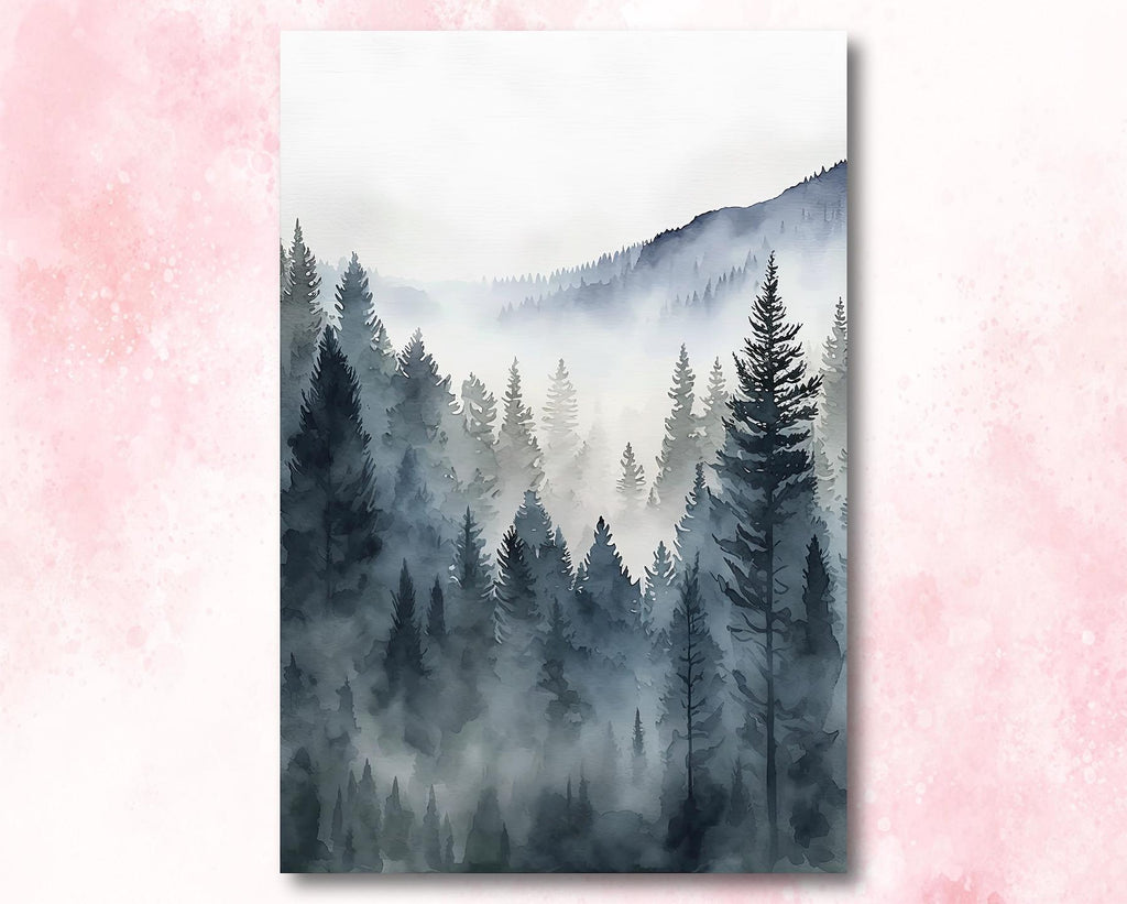 Forest Mountain Watercolor Print, Foggy Landscape Wall Art, Nature Inspired Canvas Art, Dark Evergreen Tree Poster, Woodland Home Decor