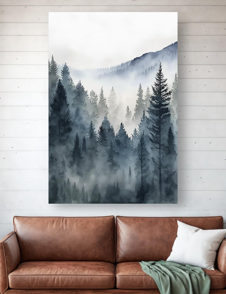 Forest Mountain Watercolor Print, Foggy Landscape Wall Art, Nature Inspired Canvas Art, Dark Evergreen Tree Poster, Woodland Home Decor