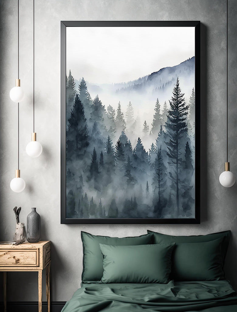 Forest Mountain Watercolor Print, Foggy Landscape Wall Art, Nature Inspired Canvas Art, Dark Evergreen Tree Poster, Woodland Home Decor