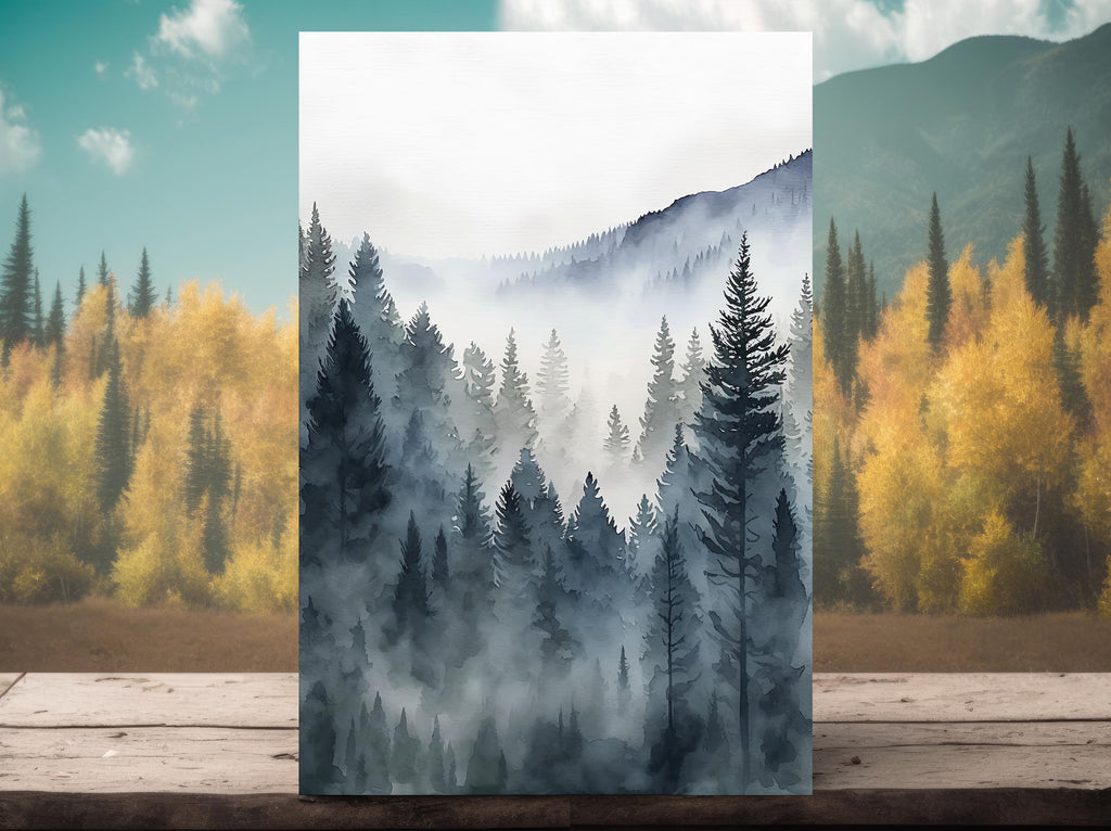 Forest Mountain Watercolor Print, Foggy Landscape Wall Art, Nature Inspired Canvas Art, Dark Evergreen Tree Poster, Woodland Home Decor