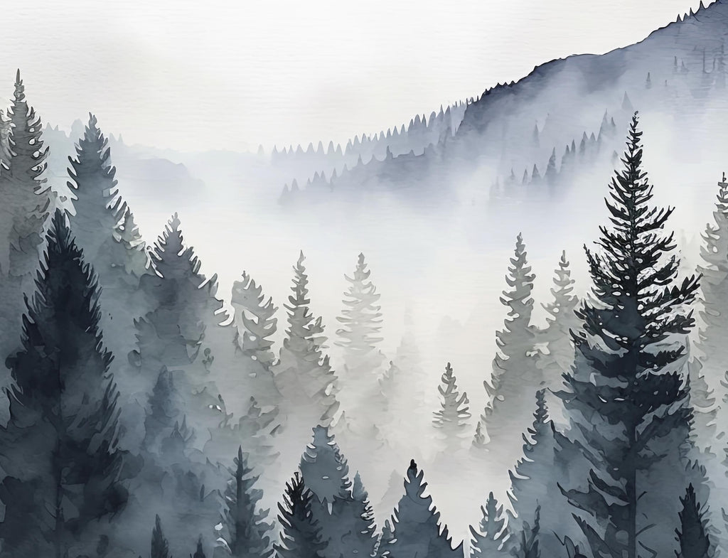 Forest Mountain Watercolor Print, Foggy Landscape Wall Art, Nature Inspired Canvas Art, Dark Evergreen Tree Poster, Woodland Home Decor