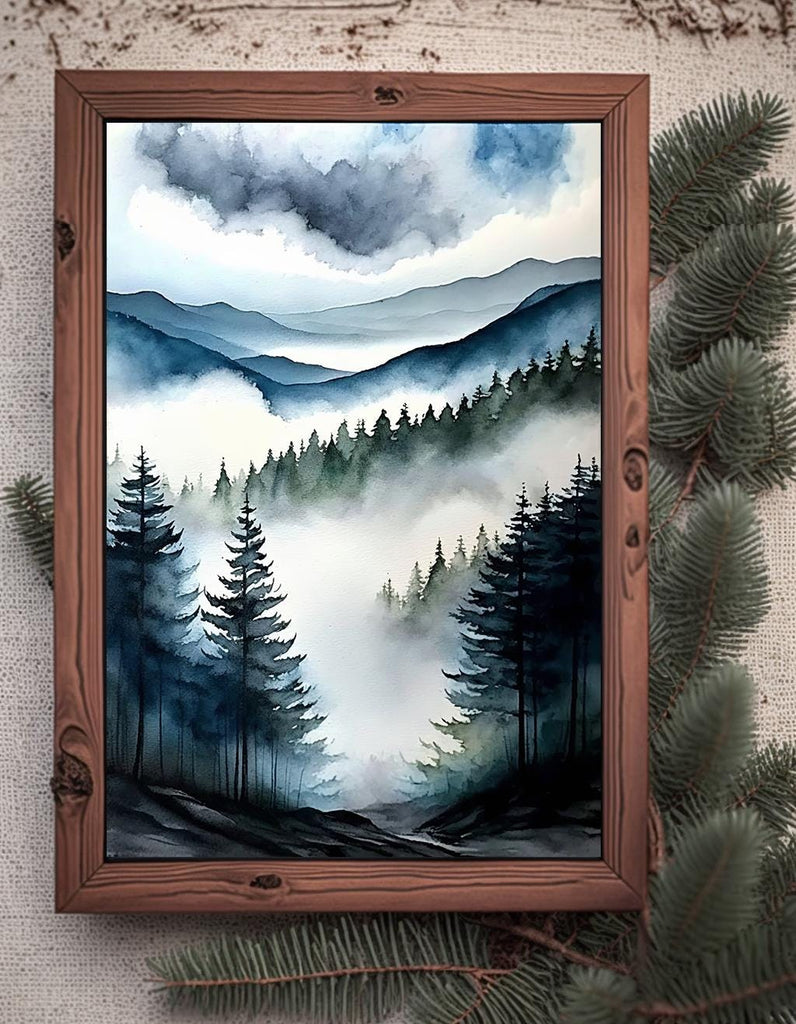 Forest Mountain Watercolor Print, Foggy Landscape Wall Art, Nature Inspired Canvas Art, Dark Evergreen Tree Poster, Woodland Home Decor