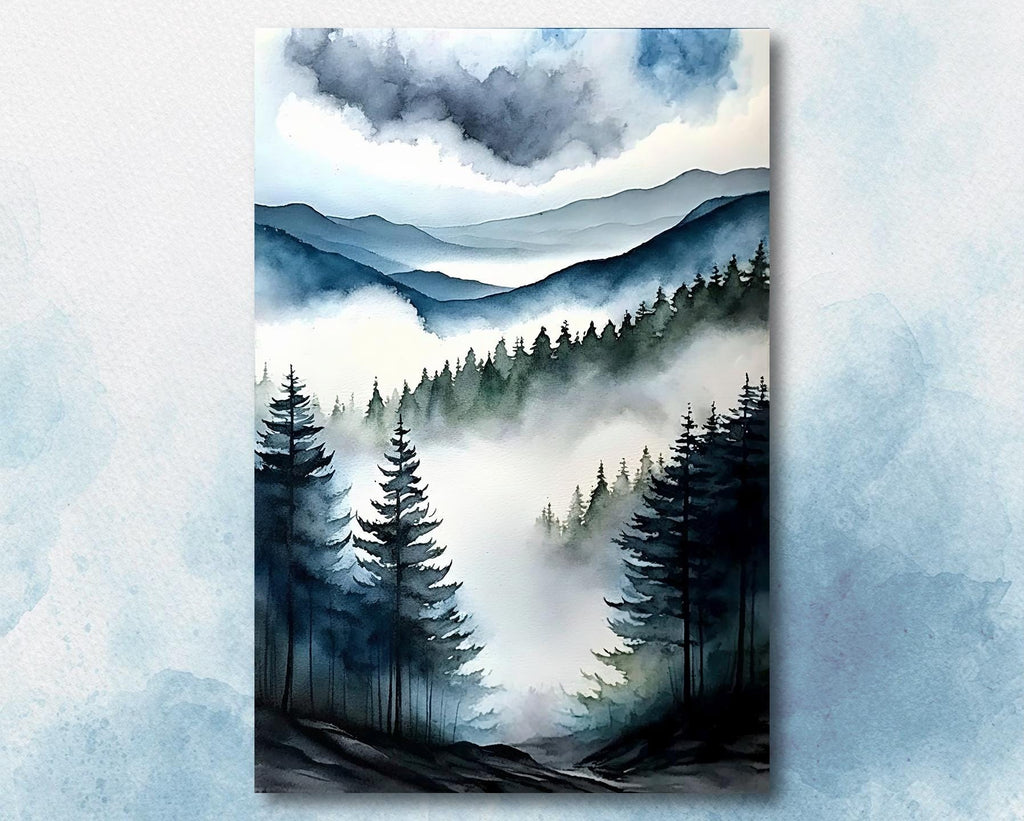 Forest Mountain Watercolor Print, Foggy Landscape Wall Art, Nature Inspired Canvas Art, Dark Evergreen Tree Poster, Woodland Home Decor